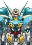 clenched_hands g-self gundam gundam_g_no_reconguista highres looking_at_viewer mecha mobile_suit no_humans science_fiction solo upper_body white_background yasuda_akira yellow_eyes 