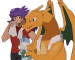  1boy alternate_costume bangs black_pants bottle charizard claws dark-skinned_male dark_skin drinking drinking_straw facial_hair gen_1_pokemon grin hand_up highres holding leon_(pokemon) long_hair male_focus morio_(poke_orio) pants pokemon pokemon_(creature) pokemon_(game) pokemon_swsh purple_hair red_shirt shirt short_sleeves simple_background smile t-shirt teeth towel towel_around_neck water_bottle white_background yellow_eyes 