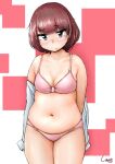  1girl abstract_background bangs blush bra breasts brown_hair character_request closed_mouth collarbone commentary_request copyright_request cowboy_shot dot_nose eyebrows_visible_through_hair highres looking_at_viewer medium_hair navel panties pink_bra pink_panties purple_eyes shigekikkusu shiny shiny_hair shirt signature solo thick_thighs thighs tsurime underwear white_shirt 