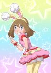  1girl absurdres animal_ears bangs brown_hair buttons commentary_request dress eyelashes fake_animal_ears grey_eyes grin hair_between_eyes hairband hand_on_hip highres leaning_forward looking_up may_(pokemon) miraa_(chikurin) official_alternate_costume pantyhose pink_dress pokemon pokemon_(game) pokemon_masters_ex short_sleeves shorts shorts_under_dress smile solo star_(symbol) teeth v white_shorts wrist_cuffs yellow_hairband yellow_legwear 