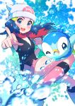  1girl :d absurdres beanie black_legwear blue_eyes blue_hair blurry blush boots clenched_hand commentary dawn_(pokemon) eyelashes floating_hair floating_scarf gen_4_pokemon hair_ornament hairclip hat highres long_hair looking_at_viewer open_mouth pink_footwear piplup pointing pokemon pokemon_(anime) pokemon_(creature) pokemon_dppt_(anime) pon_yui red_scarf scarf shiny shiny_skin sleeveless smile socks starter_pokemon tongue upper_teeth water water_drop white_headwear 