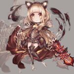  bangs blunt_bangs blush boots cape cat_ear_hairband chibi full_body fur-trimmed_hood fur_trim grin hair_ribbon highres holding holding_sword holding_weapon hood hood_down leotard little_red_riding_hood_(sinoalice) long_hair long_sleeves looking_at_viewer orange_eyes parted_lips ribbon simple_background sinoalice smile smoke sword thigh_boots thighhighs wavy_hair weapon xxviii_xi zoom_layer 