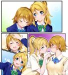  2girls :d ^_^ ayase_eli blonde_hair blue_eyes blue_neckwear blush bow bowtie brown_hair closed_eyes closed_mouth eye_contact finger_to_another&#039;s_mouth green_neckwear hand_on_another&#039;s_head head_on_another&#039;s_shoulder highres koizumi_hanayo looking_at_another love_live! love_live!_school_idol_project multiple_girls nakano_maru open_mouth otonokizaka_school_uniform petting ponytail school_uniform short_hair short_sleeves sleeping smile striped striped_neckwear twitter_username yuri 