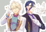  2boys ahoge aladdin_(sinoalice) angry bad_id bad_pixiv_id blonde_hair blue_eyes blue_hair bow bowtie butler chibi eyewear_removed formal fringe_trim glasses gloves hair_slicked_back hameln_(sinoalice) heart looking_at_viewer male_focus multicolored_hair multiple_boys parted_lips purple_hair red_eyes short_hair simple_background sinoalice sketch skky3 smirk suit two-tone_hair white_gloves 
