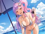  1girl :d ahoge bangs beach beach_umbrella bikini blue_sky bracelet breasts bubble_tea cleavage collarbone cowboy_shot cup day eyebrows_visible_through_hair front-tie_bikini front-tie_top hair_ornament holding holding_cup indie_virtual_youtuber jewelry looking_at_viewer lunacle mayoi_(vtuber) mole mole_on_breast multicolored_hair navel necklace o-ring o-ring_bikini ocean open_mouth outdoors pink_hair ponytail purple_hair red_eyes sand sidelocks sky smile solo swimsuit two-tone_hair umbrella water wet wet_clothes wet_swimsuit 