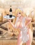  1girl absurdres alcohol apron bare_shoulders blonde_hair blue_eyes blurry blurry_background bottle breasts cleavage collarbone commission drink earrings epko executive_red_hood_arabelle eyebrows_visible_through_hair feet_out_of_frame grin guardian_tales hand_on_hip heterochromia highres holding holding_tray jewelry large_breasts long_hair looking_at_viewer maid pointy_ears single_earring smile thighs torn_clothes tray wine wine_bottle 