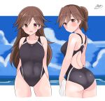  2girls absurdres alternate_hairstyle arashio_(kancolle) ass back beach black_swimsuit blue_sky blush breasts brown_eyes brown_hair cloud cloudy_sky collarbone competition_swimsuit covered_navel cowboy_shot day eyebrows_visible_through_hair hair_between_eyes highres horizon kantai_collection long_hair looking_at_viewer looking_back medium_breasts multiple_girls multiple_persona noruren one-piece_swimsuit open_mouth outdoors ponytail signature sky smile swimsuit towel water 