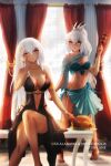  2girls absurdres alabama_(azur_lane) alternate_costume alternate_hairstyle artist_name azur_lane bare_shoulders black_dress body_markings breasts center_opening character_name cleavage cocktail_glass cup dark-skinned_female dark_skin dress drinking_glass evening_gown facial_mark food hair_down hair_ornament hand_on_own_cheek hand_on_own_face high_heels highres holding holding_food indoors kebab large_breasts long_hair looking_at_viewer minneapolis_(azur_lane) multiple_girls native_american navel red_eyes rideth_mochi skewer sleeveless sleeveless_dress white_dress white_footwear 