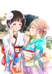  2girls :o bag bangs blonde_hair blue_kimono blush brown_hair floral_print flower green_eyes hair_bun hair_flower hair_ornament hair_ribbon hand_up hibike!_euphonium highres holding holding_bag japanese_clothes kimono kuziaaizuk long_hair long_sleeves looking_at_another multiple_girls nail_polish nakaseko_kaori obi open_mouth pink_eyes ribbon sash short_hair smile standing white_kimono yoshikawa_yuuko 