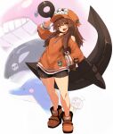  anchor bike_shorts black_shorts brown_hair dolphin full_body guilty_gear guilty_gear_strive hand_in_pocket highres karukan_(monjya) long_hair long_sleeves looking_at_viewer may_(guilty_gear) open_mouth orange_footwear orange_headwear orca red_eyes shoes shorts skull_and_crossbones standing teeth whale 