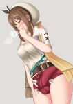  1girl atelier_(series) atelier_ryza belt belt_buckle black_ribbon blush breasts breath brown_eyes brown_hair buckle bulge camisole commentary_request cowboy_shot detached_sleeves erection erection_under_clothes eyebrows_visible_through_hair futa_yami futanari grey_background hair_ornament hairclip hand_to_own_mouth hat hat_ribbon highres jacket large_breasts looking_to_the_side medium_hair midriff_peek red_shorts reisalin_stout ribbon short_shorts short_sleeves shorts simple_background solo standing sweat thighs translation_request white_camisole yellow_jacket 