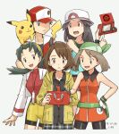  1boy 4girls bike_shorts black_eyes black_shirt blue_shirt brown_eyes brown_hair cropped_jacket gen_1_pokemon gen_4_pokemon gloria_(pokemon) green_eyes green_hair green_headwear hood hoodie jacket kawashina_(momen_silicon) kilt kris_(pokemon) leaf_(pokemon) looking_at_another looking_at_phone may_(pokemon) multiple_girls phone pikachu pokedex pokegear pokemon pokemon_(game) pokemon_frlg pokemon_gsc pokemon_rse pokemon_swsh red_(pokemon) red_headwear red_jacket red_shirt rotom rotom_phone shirt sleeveless sleeveless_jacket white_headwear white_jacket yellow_headwear yellow_hoodie yellow_legwear 