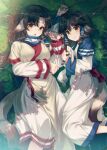  2girls 40hara :p ainu_clothes animal_ears aruruw bangs black_hair brown_eyes closed_mouth commentary_request eruruw eyebrows_visible_through_hair grass hair_tubes highres long_hair long_sleeves looking_at_viewer lying multiple_girls on_side siblings sisters smile tail tongue tongue_out utawarerumono 