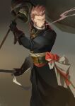  1boy alternate_costume alternate_weapon blue_eyes brown_hair cigar facial_hair fate/grand_order fate_(series) feet_out_of_frame flag goatee highres holding holding_flag holding_sword holding_weapon long_sideburns male_focus mature_male military military_uniform muscular muscular_male napoleon_bonaparte_(fate) rathalosx4 short_hair sideburns smile smoking solo sword uniform weapon 