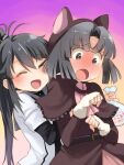  2girls ahoge animal_ears ayanokouji_martial_arts_school_uniform bag belt belt_buckle black_hair blush buckle candy capelet closed_eyes commentary_request crying crying_with_eyes_open dress eyebrows_visible_through_hair fake_animal_ears food grabbing grabbing_from_behind gradient gradient_background hair_ribbon long_hair multiple_girls musumi_kiyoka open_mouth paw_pose ponytail ribbon school_uniform short_hair sweat takano_natsuki tears toji_no_miko yamashiro_yui 