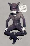  1boy aoki_(fumomo) bangs belt black_belt black_footwear black_jacket black_pants black_shirt chain cigarette commentary_request cosplay danganronpa_(series) danganronpa_v3:_killing_harmony full_body grey_background hand_on_own_knee hat horned_headwear hoshi_ryouma hoshi_ryouma_(cosplay) jacket leather leather_jacket long_sleeves looking_at_viewer male_focus momota_kaito mouth_hold pants purple_eyes purple_hair shirt shoes short_hair simple_background sitting solo speech_bubble striped striped_shirt translation_request two-tone_shirt white_shirt 