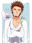  1boy alternate_costume blue_eyes blush brown_hair creature creature_on_shoulder crossed_arms facial_hair fate/grand_order fate_(series) formal fou_(fate) goatee long_sideburns looking_at_viewer male_cleavage male_focus mature_male napoleon_bonaparte_(fate) on_shoulder partially_unbuttoned pectorals scar scar_on_chest shitappa short_hair sideburns smile solo toned toned_male upper_body vest 