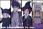  108_(toowa) 2boys 2girls :d :o bangs black_hair black_headwear blush blush_stickers brown_hair brown_vest cigarette collarbone collared_shirt commentary_request copyright_name danganronpa_(series) danganronpa_v3:_killing_harmony double_v dress_shirt eyebrows_visible_through_hair facial_hair finger_to_mouth flat_chest goatee grey_background grey_hair grey_shirt grin hair_ornament hands_up hat highres holding holding_cigarette horned_headwear hoshi_ryouma index_finger_raised jacket leather leather_jacket long_hair long_sleeves looking_at_viewer miniskirt momota_kaito multiple_boys multiple_girls navel open_clothes open_jacket open_mouth open_shirt pants pink_jacket print_shirt red_eyes red_hair red_skirt shell_necklace shirt short_hair simple_background skirt smile spiked_hair stomach striped striped_pants two-tone_shirt v vest watermark witch_hat yonaga_angie yumeno_himiko 
