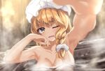  1girl armpits blonde_hair bow braid breasts hair_bow hand_on_own_face hat hat_bow kerotsupii_deisuku kirisame_marisa medium_breasts nude one_eye_closed onsen partially_submerged side_braid single_braid smile touhou towel towel_on_head white_bow yellow_eyes 