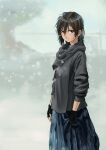  1girl black_gloves blue_skirt blush brown_eyes brown_hair closed_mouth fingerless_gloves gloves grey_shirt hair_between_eyes highres kirie_kairi looking_at_viewer original pleated_skirt shirt skirt skirt_grab snow snowing solo standing tomboy 