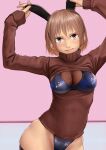  1girl absurdres animal_ears blue_leotard blush breasts brown_eyes brown_hair brown_sweater cleavage_cutout closed_mouth clothing_cutout contrapposto covered_nipples ear_grab hands_up highleg highleg_leotard highres kirie_kairi latex_leotard leotard long_sleeves looking_at_viewer medium_breasts meme_attire mole mole_under_eye open-chest_sweater original playboy_bunny rabbit_ears short_hair skindentation solo sweater thighhighs 