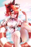  1girl ahoge breasts commentary commission dano english_commentary girls&#039;_frontline highres innertube medium_breasts mp7_(girls&#039;_frontline) official_alternate_costume ponytail red_hair see-through solo swimsuit yellow_eyes 