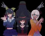  108_(toowa) 3girls :d bandaged_hands bandages bangs black_background black_hair black_jacket blunt_bangs bow bracelet breasts brown_eyes brown_headwear brown_jacket brown_pants chabashira_tenko chain cleavage collarbone commentary_request danganronpa_(series) danganronpa_v3:_killing_harmony dark-skinned_female dark_skin eyebrows_visible_through_hair fox_shadow_puppet from_behind frown grey_hair hair_ornament hairband hands_up hat height_difference jacket jewelry layered_skirt long_hair looking_at_viewer low_twintails mole mole_under_mouth multiple_girls navel necklace open_mouth orange_jacket own_hands_together pants pink_blood pink_hairband pleated_skirt red_hair red_skirt sailor_collar shadow_puppet shell_necklace shinguuji_korekiyo short_hair simple_background skirt small_breasts smile stomach twintails wavy_mouth white_bow witch_hat yonaga_angie yumeno_himiko 