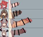  4girls ahoge animal_ears arknights bar_censor blush bow broken_horn censored closed_mouth comparison dragon_horns erection female_pubic_hair foreskin futanari glasses grey_background grey_hair hair_bow hair_over_one_eye highres hood hood_up horns long_hair looking_at_viewer magallan_(arknights) mask mask_around_neck mirin_chikuwa multicolored_hair multiple_girls myrrh_(arknights) penis penis_chart phimosis portrait pubic_hair red_eyes red_hair saria_(arknights) short_hair simple_background streaked_hair teeth testicles two-tone_hair upper_teeth veins veiny_penis vulcan_(arknights) wavy_mouth yellow_eyes 