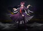  1girl ahoge arm_up artist_name bangs body_writing braid brown_eyes brown_hair caution chain-link_fence danganronpa:_trigger_happy_havoc danganronpa_(series) english_commentary fence fukawa_touko genocider_shou glasses hand_up highres holding holding_scissors long_hair long_sleeves long_tongue looking_at_viewer mole mole_under_mouth open_mouth pastahands purple_hair red_eyes round_eyewear school_uniform scissors serafuku shirt shoes skirt smile solo standing thighhighs tongue tongue_out torn_clothes torn_shirt torn_skirt 