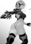  1girl ass back back_cutout bangs blindfold breasts clothing_cutout covered_eyes feather-trimmed_sleeves greyscale hairband highleg highleg_leotard highres juliet_sleeves katana large_breasts leotard long_sleeves monochrome mugetsu2501 nier_(series) nier_automata puffy_sleeves short_hair solo sword thighhighs thighs weapon yorha_no._2_type_b 