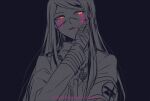  108_(toowa) 1boy bandaged_hands bandages bangs black_background blood blood_on_face bloody_tears commentary_request danganronpa_(series) danganronpa_v3:_killing_harmony hand_on_own_cheek hand_on_own_face hand_up highres jacket long_hair long_sleeves looking_at_viewer mask mouth_mask pink_blood shinguuji_korekiyo simple_background sketch spot_color twitter_username upper_body yellow_eyes 