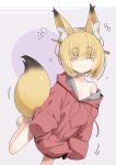  +++ 1girl animal_ear_fluff animal_ears barefoot blonde_hair collarbone drawstring eyebrows_visible_through_hair feet_out_of_frame fox_ears fox_girl fox_tail hair_ornament hair_over_eyes hair_stick highres hood hoodie off_shoulder ogami_kazuki original pink_hoodie solo tail thick_eyebrows yellow_eyes 