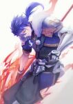  1boy armor asymmetrical_gloves belt blue_hair codpiece crescent_necklace cu_chulainn_(fate)_(all) cu_chulainn_(fate/prototype) earrings fate/prototype fate_(series) floating_hair fur gae_bolg_(fate) gauntlets gloves grin highres holding holding_polearm holding_weapon jewelry long_hair looking_back male_focus pants pauldrons polearm ponytail puffy_pants red_eyes short_sleeves shoulder_armor simple_background smile solo weapon 