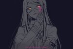  108_(toowa) 1boy bandaged_hands bandages bangs black_background blood blood_on_face bloody_tears commentary_request danganronpa_(series) danganronpa_v3:_killing_harmony hand_on_own_cheek hand_on_own_face hand_up highres jacket long_hair long_sleeves looking_at_viewer mask mouth_mask pink_blood shinguuji_korekiyo simple_background sketch spot_color twitter_username upper_body yellow_eyes 