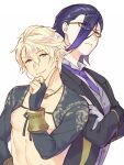  2boys aladdin_(sinoalice) arabian_clothes bare_pectorals black_hair blonde_hair bridal_gauntlets butler closed_mouth collared_shirt formal fringe_trim glasses gloves hameln_(sinoalice) highres jewelry male_focus multicolored_hair multiple_boys necklace necktie nipples pectorals purple_hair red_eyes ribbon shirt short_hair simple_background sinoalice skky3 smile smug two-tone_hair white_background white_gloves 