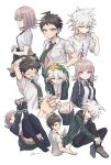  1girl 2boys arms_up bangs black_jacket black_legwear black_pants black_shirt blush brown_footwear brown_hair card clothes_around_waist collarbone collared_shirt commentary_request danganronpa_(series) danganronpa_2:_goodbye_despair dress_shirt eyebrows_visible_through_hair flipped_hair frown green_jacket green_neckwear hair_between_eyes hair_ornament hairclip haizai hand_up handheld_game_console highres hinata_hajime holding holding_card holding_handheld_game_console jacket jacket_around_waist knees_up komaeda_nagito long_sleeves looking_at_viewer monomi_(danganronpa) multiple_boys nanami_chiaki necktie open_clothes open_jacket pants pink_eyes pinky_swear playing_games pleated_skirt print_shirt school_uniform shirt short_hair simple_background skirt smile spaceship_hair_ornament starfish stretch thighhighs two-tone_shirt wet wet_hair white_background white_shirt 