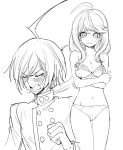 1boy 1girl ahoge akamatsu_kaede aoki_(fumomo) arms_under_breasts bangs blush bra breasts buttons cleavage closed_eyes collarbone commentary_request cowboy_shot crossed_arms danganronpa_(series) danganronpa_v3:_killing_harmony double-breasted greyscale hair_between_eyes hand_up long_hair long_sleeves monochrome navel no_hair_ornament open_mouth panties saihara_shuuichi short_hair stomach sweat tearing_up underwear underwear_only v-shaped_eyebrows 