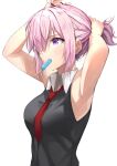  1girl adjusting_hair alternate_hairstyle armpits arms_up bangs bare_shoulders between_breasts black_shirt blush breasts collared_shirt commentary_request eyebrows_visible_through_hair fate/grand_order fate_(series) food food_in_mouth hair_over_one_eye herigaru_(fvgyvr000) highres ice_cream looking_away mash_kyrielight medium_breasts necktie necktie_between_breasts one_eye_covered pink_hair ponytail popsicle purple_eyes red_neckwear shirt sidelocks simple_background sleeveless sleeveless_shirt solo sweat white_background 
