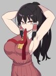  1girl adjusting_hair armpits arms_up ascot bangs black_hair breasts brown_eyes closed_mouth cowboy_shot crossed_bangs frilled_hair_tubes frills grey_background hair_between_eyes hair_tubes hakurei_reimu highres large_breasts long_hair looking_at_viewer marsen mouth_hold pleated_skirt ponytail red_ribbon red_skirt red_vest ribbon sideboob sidelocks simple_background skirt sleeveless solo touhou v-shaped_eyebrows very_long_hair vest wing_collar yellow_neckwear 