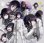  1boy :d aoki_(fumomo) arm_at_side arm_up bangs black_cape black_hair black_headwear buttons cape checkered checkered_background checkered_neckwear checkered_scarf commentary_request danganronpa_(series) danganronpa_v3:_killing_harmony double-breasted evil_grin evil_smile feet_out_of_frame grey_background grin hair_between_eyes holding holding_sack jacket long_sleeves looking_at_viewer male_focus multiple_views notice_lines open_mouth ouma_kokichi pale_skin pants pointing purple_eyes purple_hair sack scarf shaded_face short_hair simple_background smile straitjacket translation_request upper_teeth white_pants 