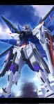  beam_rifle cloud energy_gun freedom_gundam g.yamamoto gun gundam gundam_seed highres holding holding_gun holding_shield holding_weapon mecha mechanical_wings mobile_suit no_humans science_fiction shield sky solo v-fin weapon wings yellow_eyes 