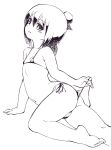  1girl ass bare_shoulders barefoot feet flat_chest greyscale hair_bun highres looking_at_viewer marui_hitoha mitsudomoe monochrome navel om_(nk2007) short_hair simple_background solo swimsuit white_background 