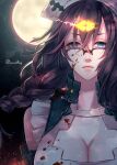  1girl absurdres blood blood_on_face blood_splatter blue_eyes braid breasts character_name cleavage closed_mouth dorothy_(sinoalice) empty_eyes expressionless full_moon glasses glowing hair_ornament hairclip hat highres large_breasts long_hair looking_at_viewer moon night night_sky npyon3 nurse_cap purple_hair sinoalice sky solo 