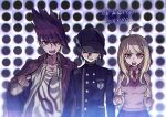  1girl 2boys ahoge akamatsu_kaede aoki_(fumomo) backpack bag bangs baseball_cap black_hair black_headwear blonde_hair breasts buttons clenched_hand clenched_hands collarbone collared_shirt danganronpa_(series) danganronpa_v3:_killing_harmony double-breasted eighth_note facial_hair gakuran goatee hair_ornament halftone halftone_background hand_up hat jacket jacket_on_shoulders large_breasts long_hair long_sleeves looking_at_viewer momota_kaito multiple_boys musical_note musical_note_hair_ornament necktie open_clothes open_mouth open_shirt pink_eyes pink_jacket pink_vest polka_dot polka_dot_background print_shirt purple_hair purple_skirt saihara_shuuichi school_uniform shirt short_hair sixteenth_note skirt spiked_hair striped sweat teeth translation_request upper_teeth vest white_shirt 