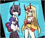  2girls arahiko blonde_hair bob_cut breasts eyeliner facial_hair facial_mark fate/grand_order fate_(series) forehead_mark grin highres horns ibaraki_douji_(fate) japanese_clothes kimono long_hair makeup medium_hair multiple_girls off-shoulder_kimono oni_horns panty_&amp;_stocking_with_garterbelt parody pointy_ears purple_eyes purple_hair short_kimono shuten_douji_(fate) skin-covered_horns small_breasts smile style_parody yellow_eyes 