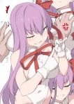  1girl anger_vein bangs bb_(fate) bb_(fate)_(all) blush breast_grab breasts clenched_teeth closed_eyes fate/extra fate/extra_ccc fate_(series) gloves grabbing grin hair_ribbon large_breasts leotard long_hair looking_at_viewer multiple_views neck_ribbon purple_eyes purple_hair red_ribbon ribbon shiseki_hirame smile teeth thighs very_long_hair white_gloves white_leotard 