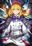  1girl artoria_pendragon_(all) artoria_pendragon_(caster)_(fate) bangs belt beret black_gloves black_legwear blonde_hair blue_cape blue_headwear blush breasts buttons cape double-breasted dress fate/grand_order fate_(series) gloves green_eyes hat highres hood hooded_cape long_hair long_sleeves looking_at_viewer multicolored multicolored_cape multicolored_clothes pantyhose red_cape small_breasts thighs twintails tyone white_dress 