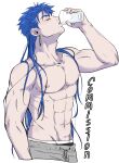  1boy 5_horulu abs adam&#039;s_apple biceps blue_hair closed_eyes collarbone commission cu_chulainn_(fate)_(all) cu_chulainn_(fate/stay_night) cup drinking drinking_glass earrings fate/stay_night fate_(series) hair_down highres jewelry long_hair male_focus male_underwear muscular muscular_male navel nipples open_mouth pectorals shirtless simple_background solo spiked_hair underwear water white_background 
