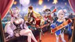  aliasing blonde_hair building chinese_clothes chinese_dress dress gray_hair horns long_hair sky thighhighs yue_xiao_e 