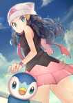  1girl beanie black_hair blue_eyes cloud commentary_request dawn_(pokemon) day eyelashes floating_scarf from_below gen_4_pokemon hair_ornament hairclip hat leaves_in_wind long_hair looking_at_viewer looking_back outdoors pink_scarf piplup pokemon pokemon_(anime) pokemon_(creature) pokemon_swsh_(anime) rindoriko scarf sky sleeveless starter_pokemon white_headwear 